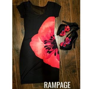 Red poppy & mesh back Black Dress